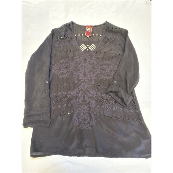 Johnny Was Embroidered Blouse Womens Small Black Eyelet Bohemian Whimsical - Picture 1 of 14